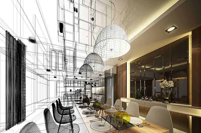 abstract sketch design of interior dining, 3d render